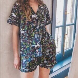 Printfresh Unicorn Garden Print Short-sleeve Cotton Pajama Set Size 1X